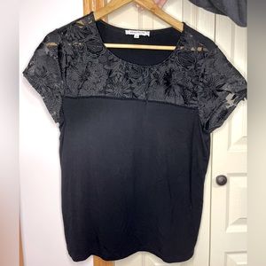 Rose & Olive Black Shirt with Lace and Flowers Detailing Holiday Wear